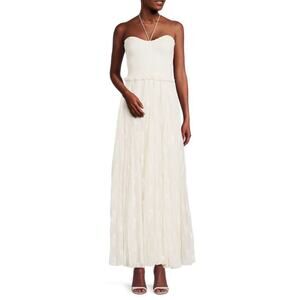 Rococo Sand Floral Embroidered Halter Smocked Maxi Dress White Women's Size M